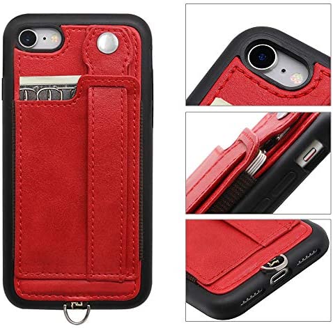 TOOVREN iPhone SE Case 2020/2022 Phone Lanyard Neck Strap for iPhone 8 Case with Card Holder iPhone 7 Wallet Case with Kickstand Leather PU Card Holder Wallet Adjustable Phone Necklace Red